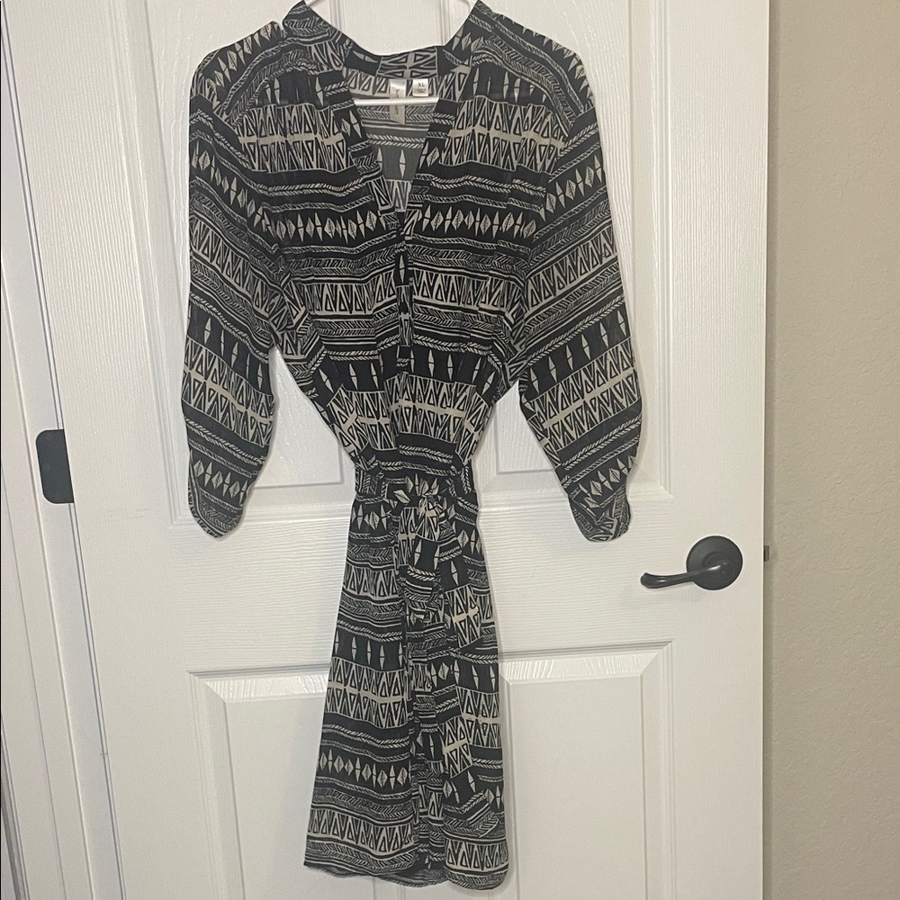 Tacera Black & Cream Geometric Midi Dress with Tie Waist